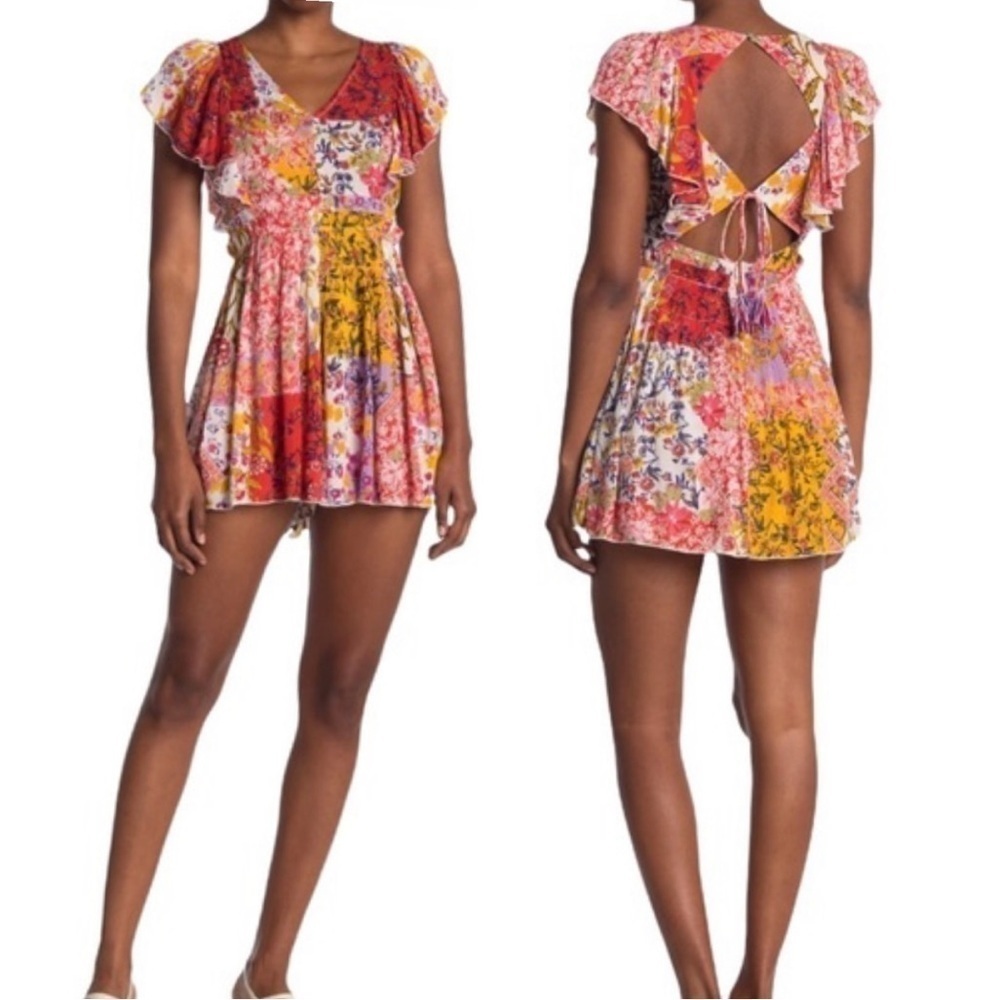 RAGA for Anthropologie Beautiful Escape Boho Skirted Tie Back Patchwork Romper